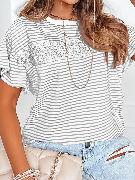 Light Grey Striped Lace Trim Ruffle Sleeve Tee