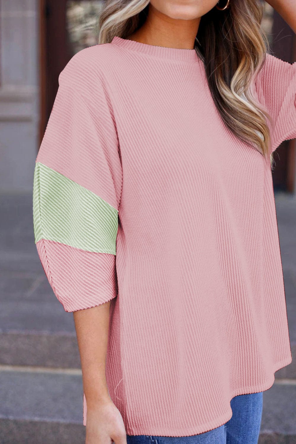 Light Pink Color Block Ribbed Knit Top with Quarter Sleeves