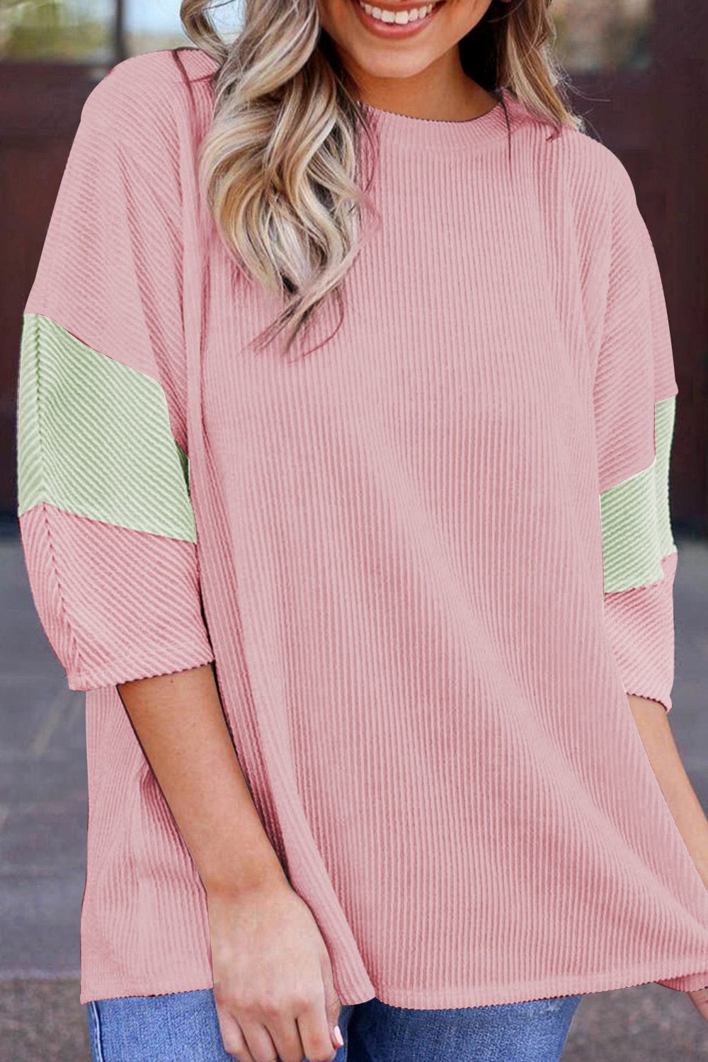 Light Pink Color Block Ribbed Knit Top with Quarter Sleeves