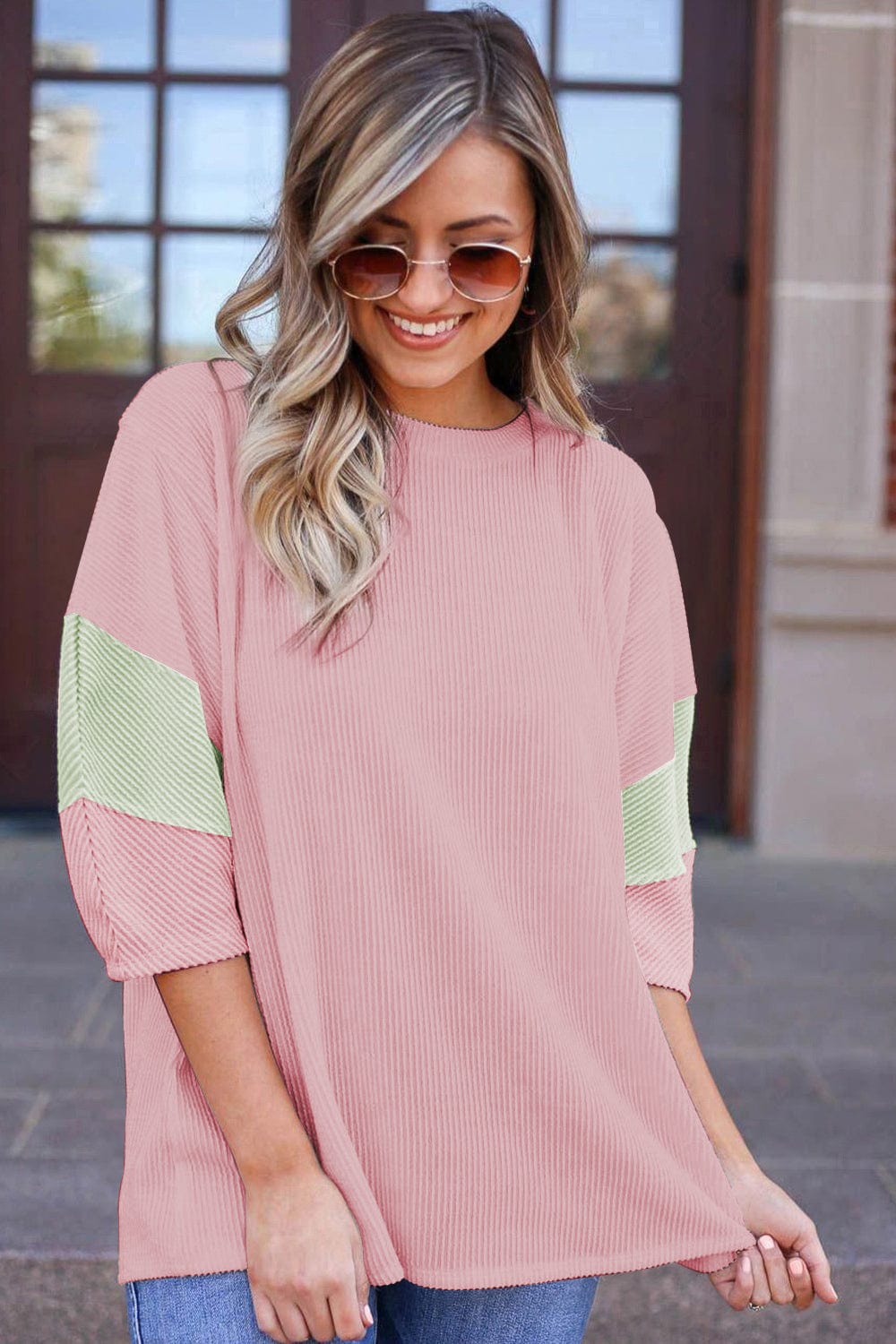 Light Pink Color Block Ribbed Knit Top with Quarter Sleeves