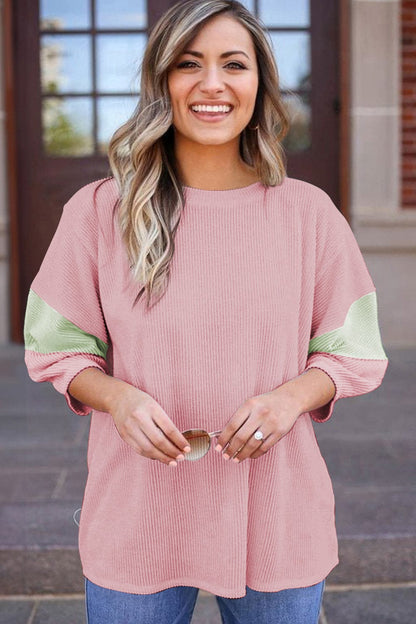 Light Pink Color Block Ribbed Knit Top with Quarter Sleeves