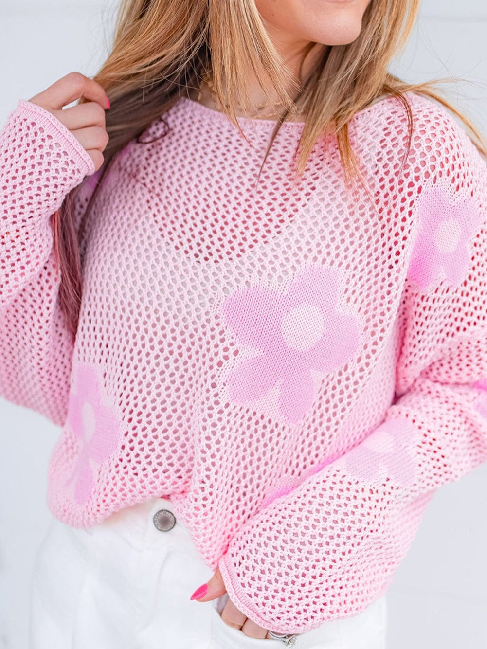 Light Pink Floral Hollow Knit Drop Shoulder Sweater