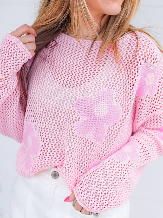 Light Pink Floral Hollow Knit Drop Shoulder Sweater