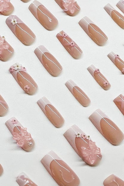 Light Pink French Floral Bowknot Nail Sticker Set