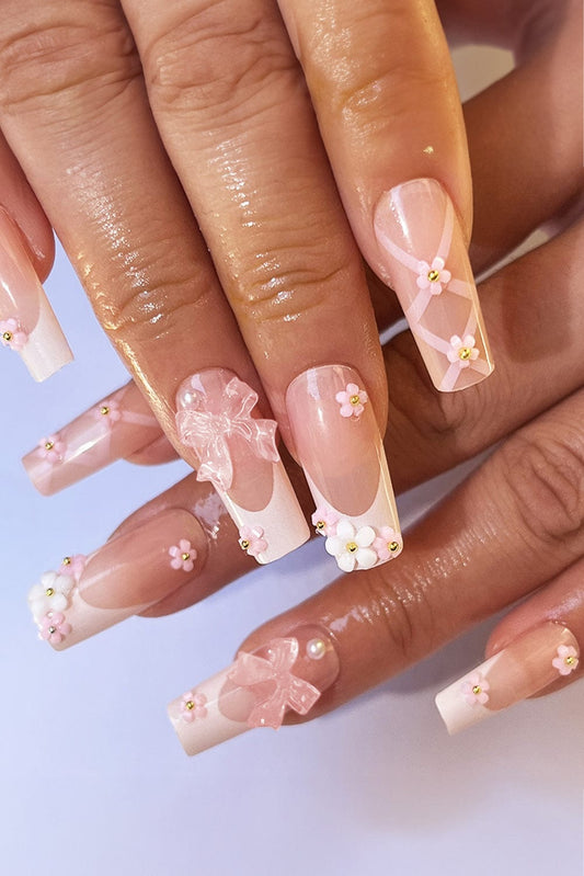 Light Pink French Floral Bowknot Nail Sticker Set