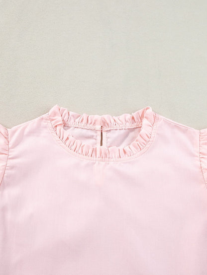 Light Pink Frilled Neck Cap Sleeve Blouse with Ric Rac Detail