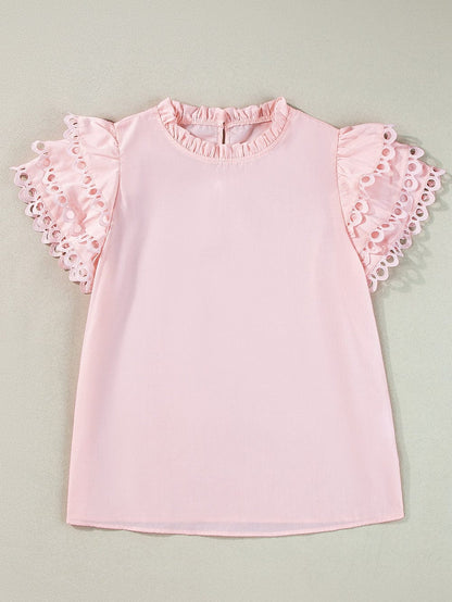 Light Pink Frilled Neck Cap Sleeve Blouse with Ric Rac Detail