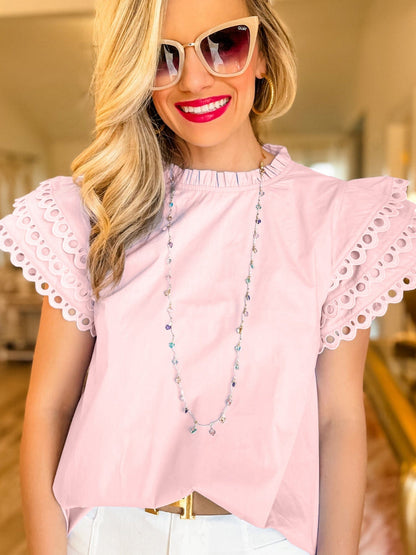 Light Pink Frilled Neck Cap Sleeve Blouse with Ric Rac Detail