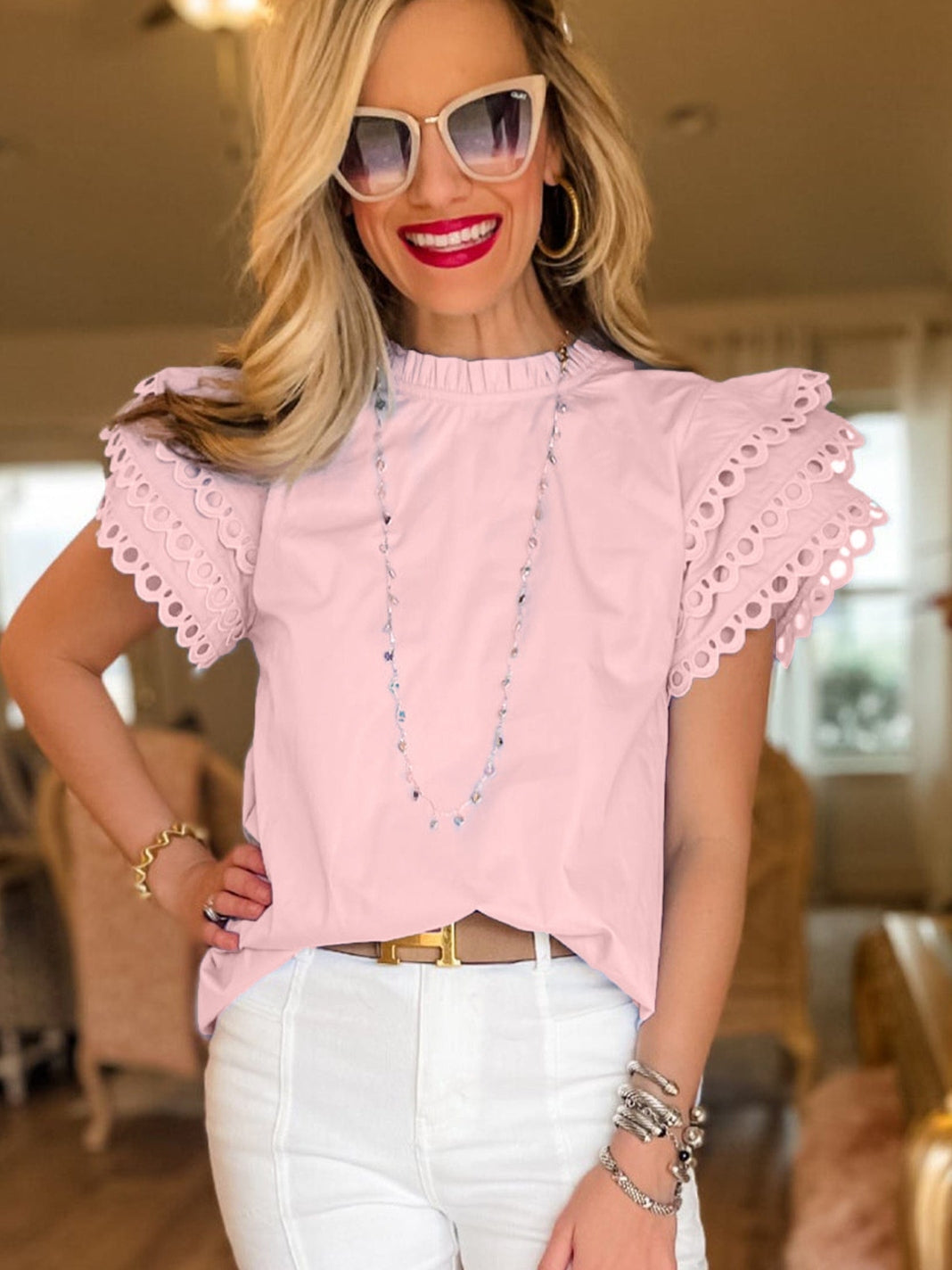 Light Pink Frilled Neck Cap Sleeve Blouse with Ric Rac Detail