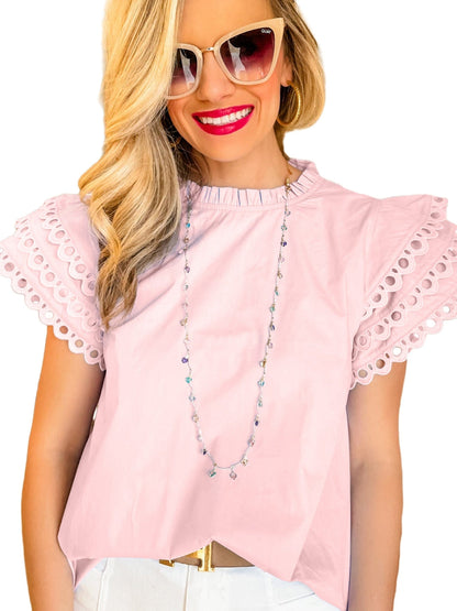 Light Pink Frilled Neck Cap Sleeve Blouse with Ric Rac Detail