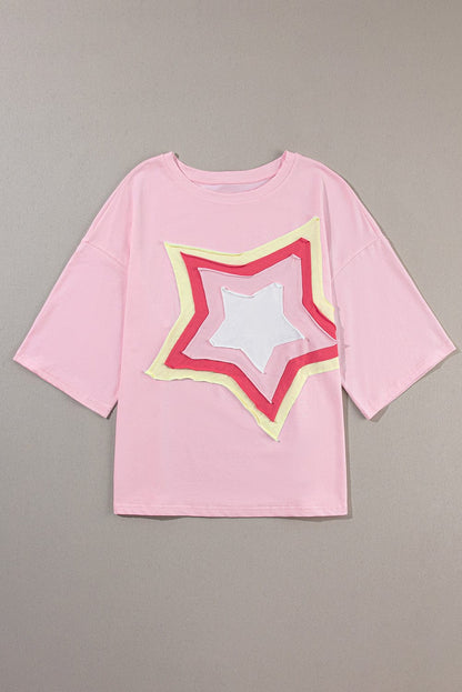 Light Pink Star Patched Oversized Tee for Casual Chic Style
