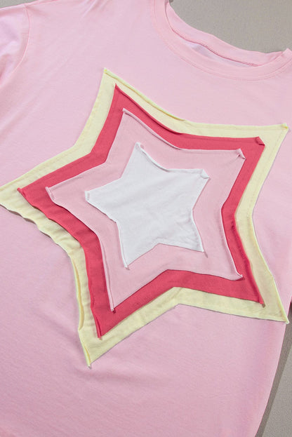 Light Pink Star Patched Oversized Tee for Casual Chic Style