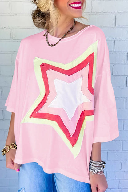 Light Pink Star Patched Oversized Tee for Casual Chic Style