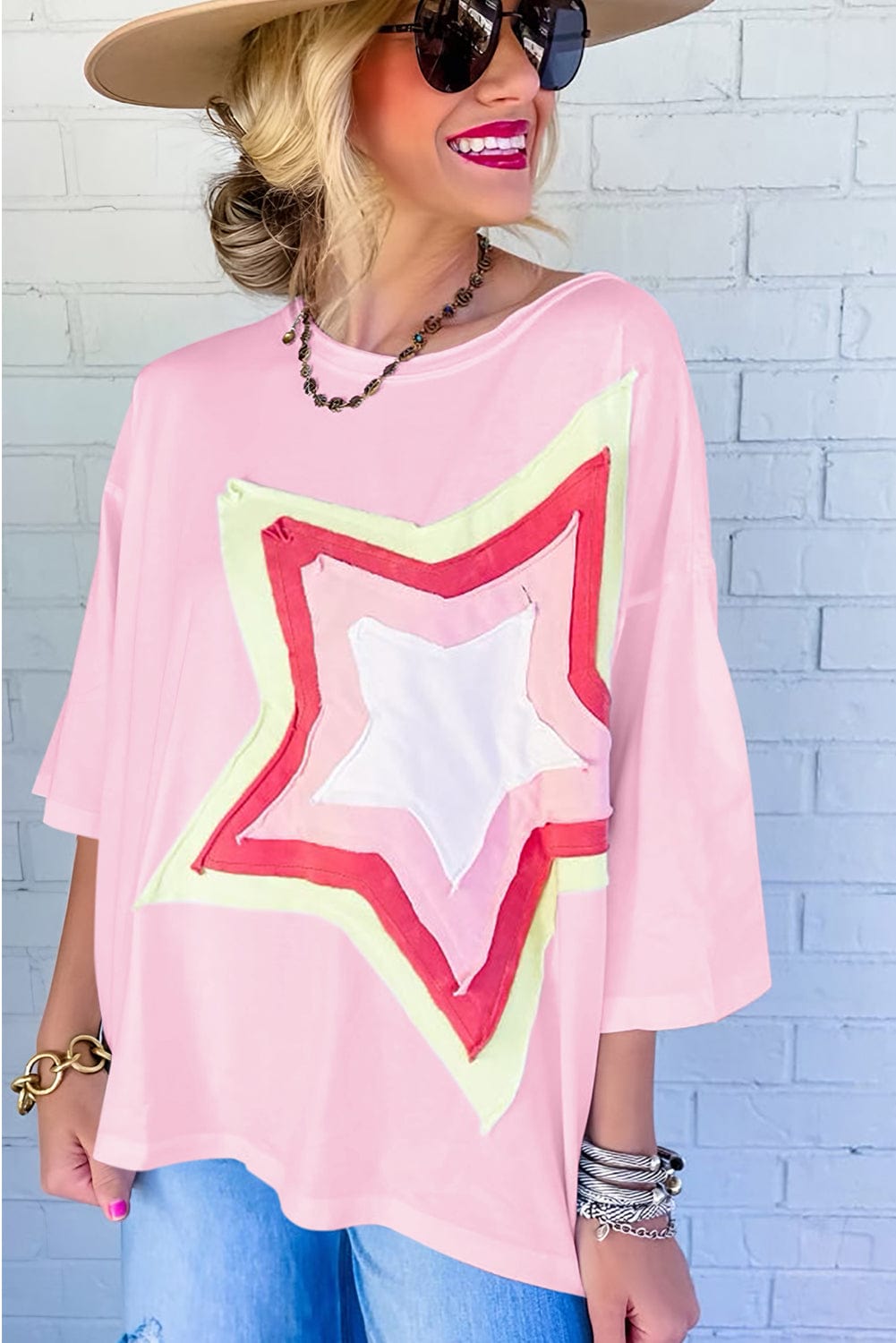 Light Pink Star Patched Oversized Tee for Casual Chic Style