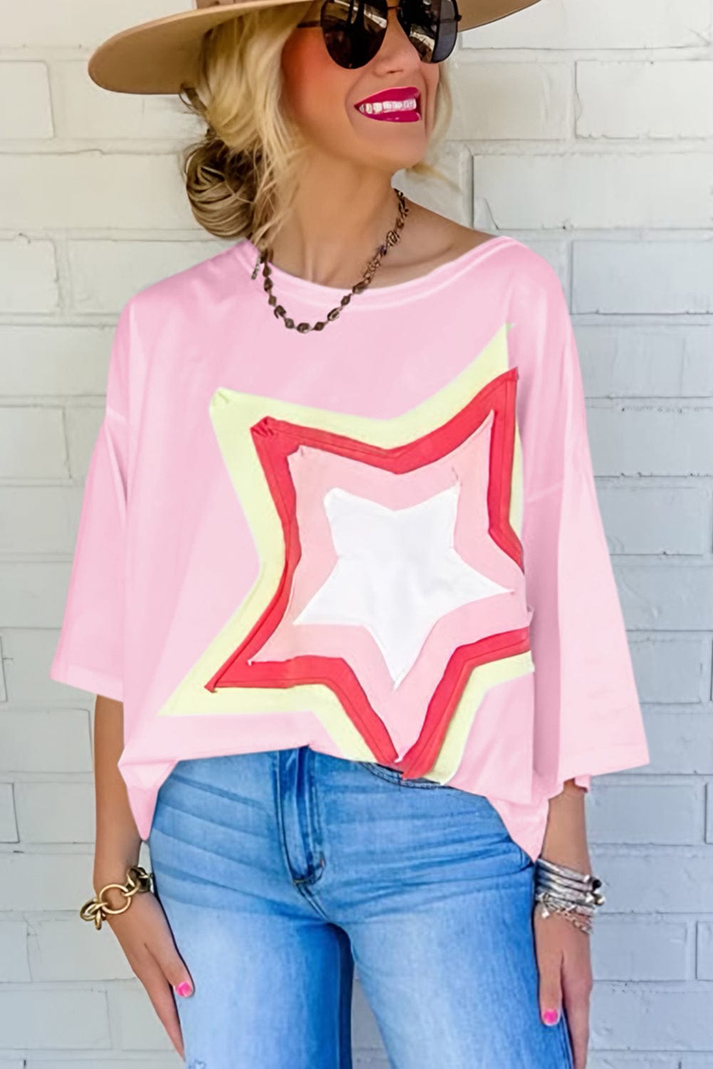 Light Pink Star Patched Oversized Tee for Casual Chic Style