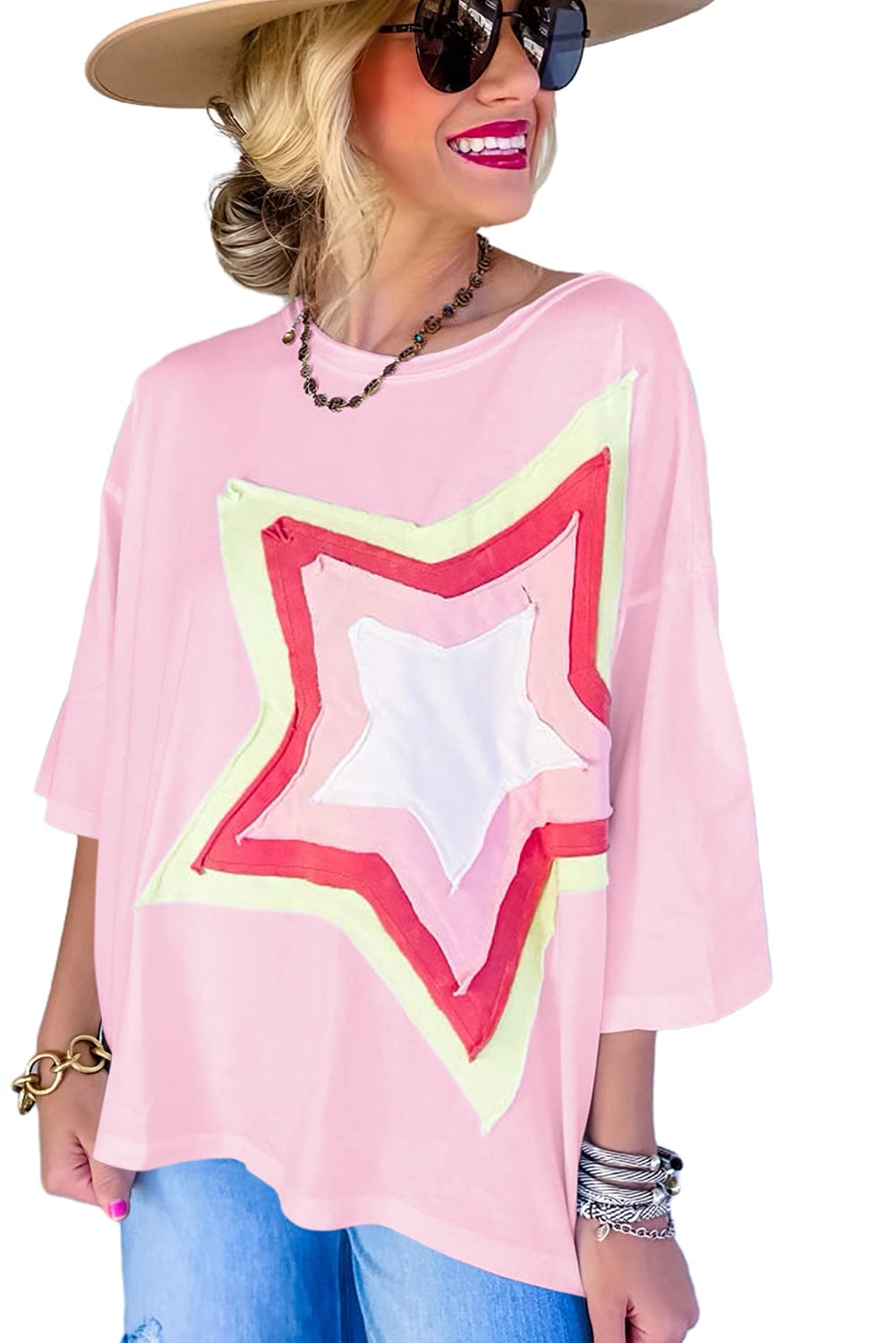 Light Pink Star Patched Oversized Tee for Casual Chic Style
