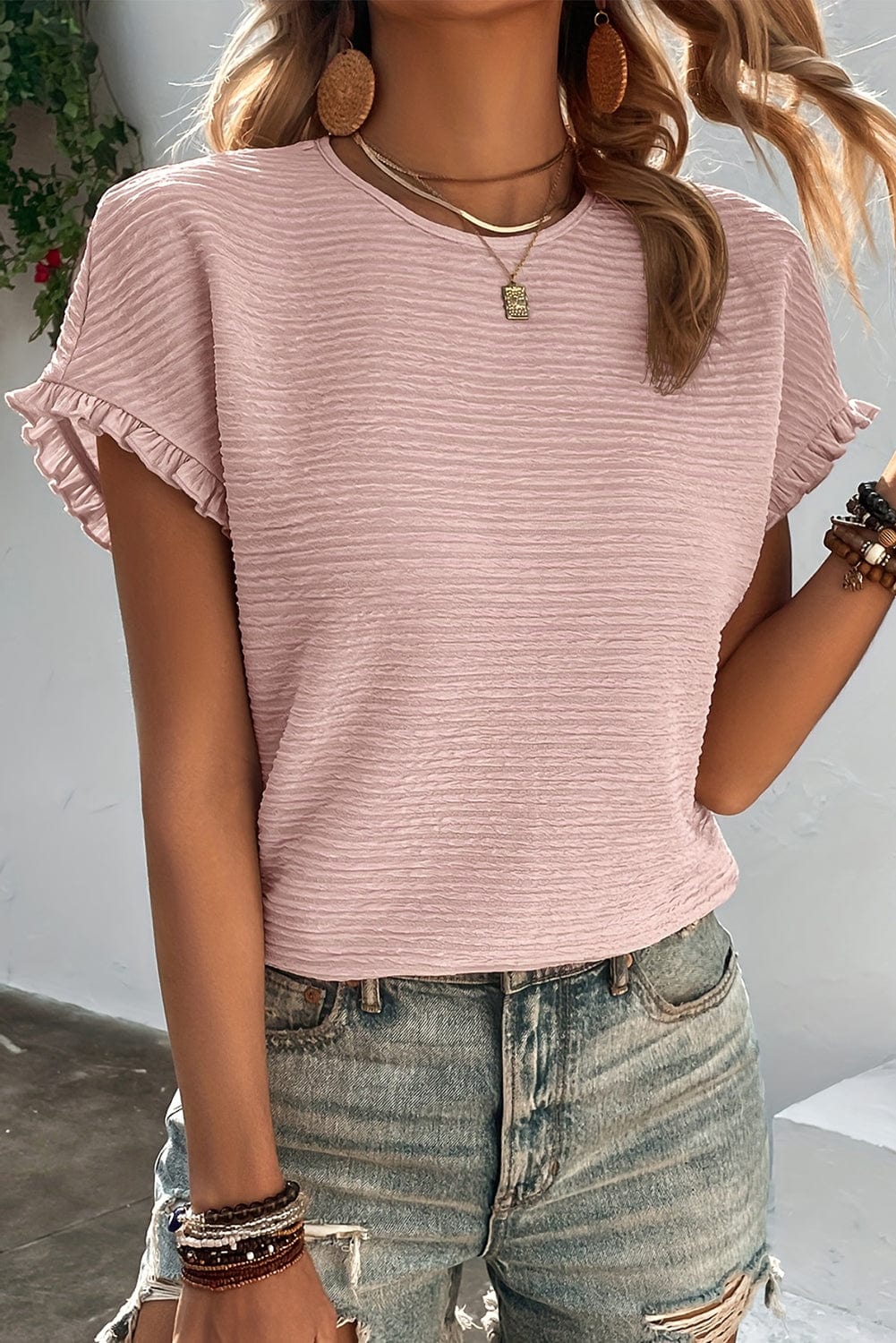 Light Pink Textured Ruffle Sleeve Elegant Blouse