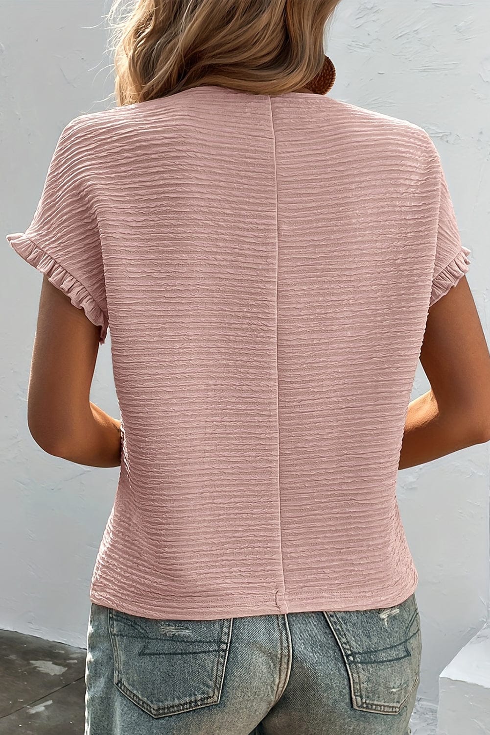 Light Pink Textured Ruffle Sleeve Elegant Blouse