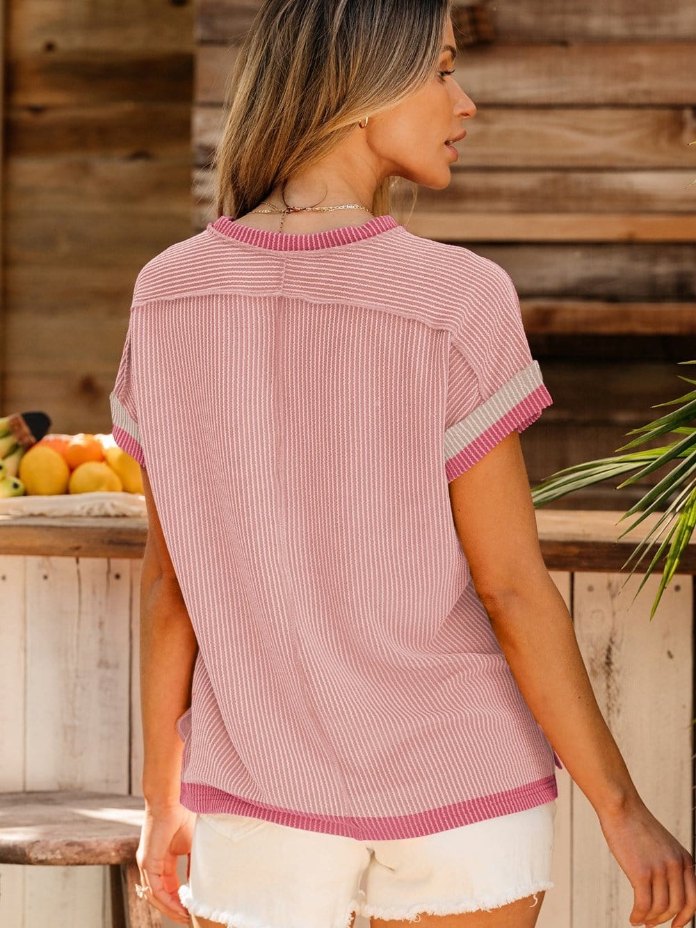 Light Pink Textured Trim Ribbed T-Shirt with Round Neck
