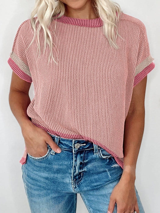 Light Pink Textured Trim Ribbed T-Shirt with Round Neck