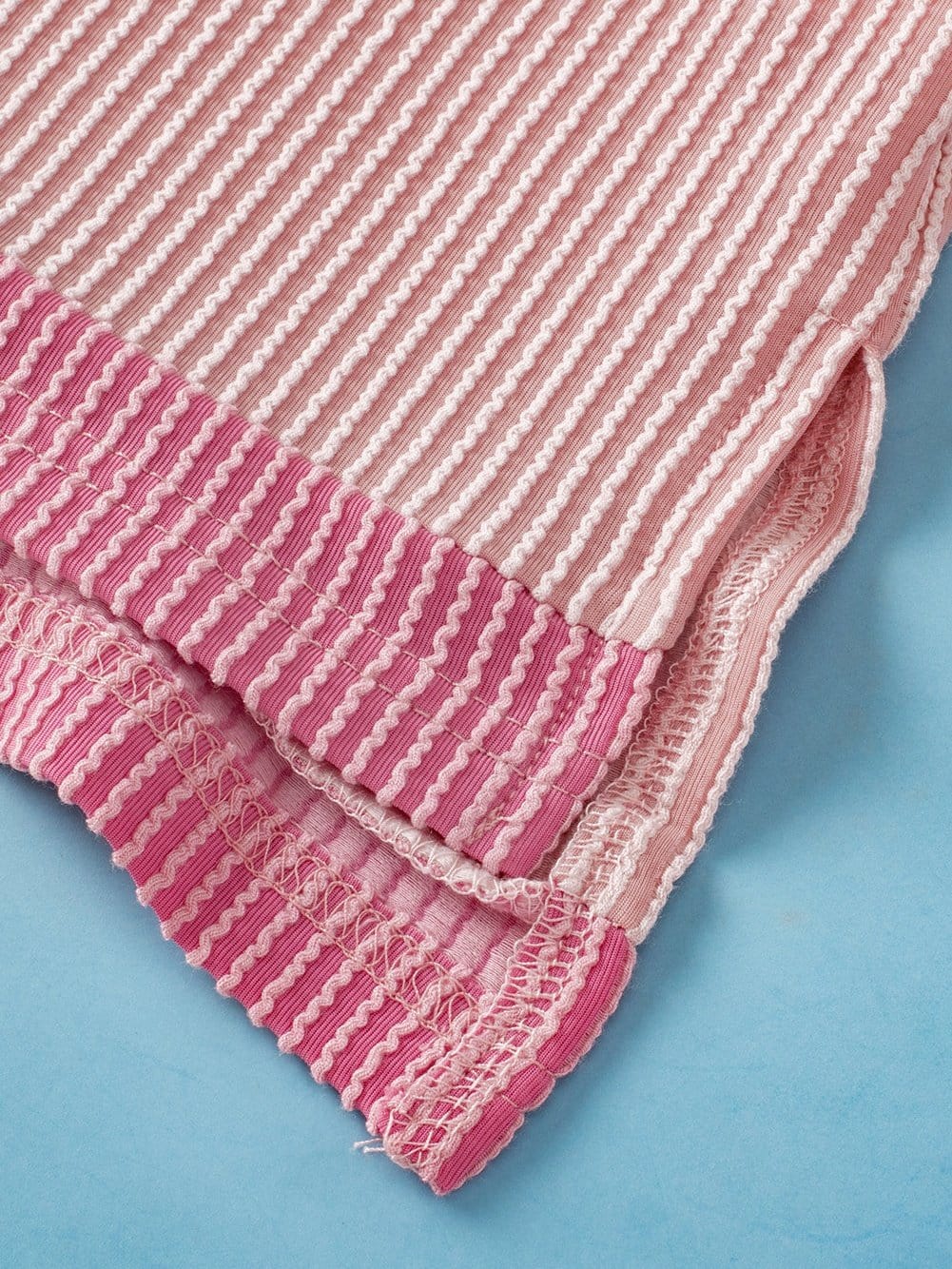 Light Pink Textured Trim Ribbed T-Shirt with Round Neck