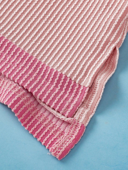 Light Pink Textured Trim Ribbed T-Shirt with Round Neck