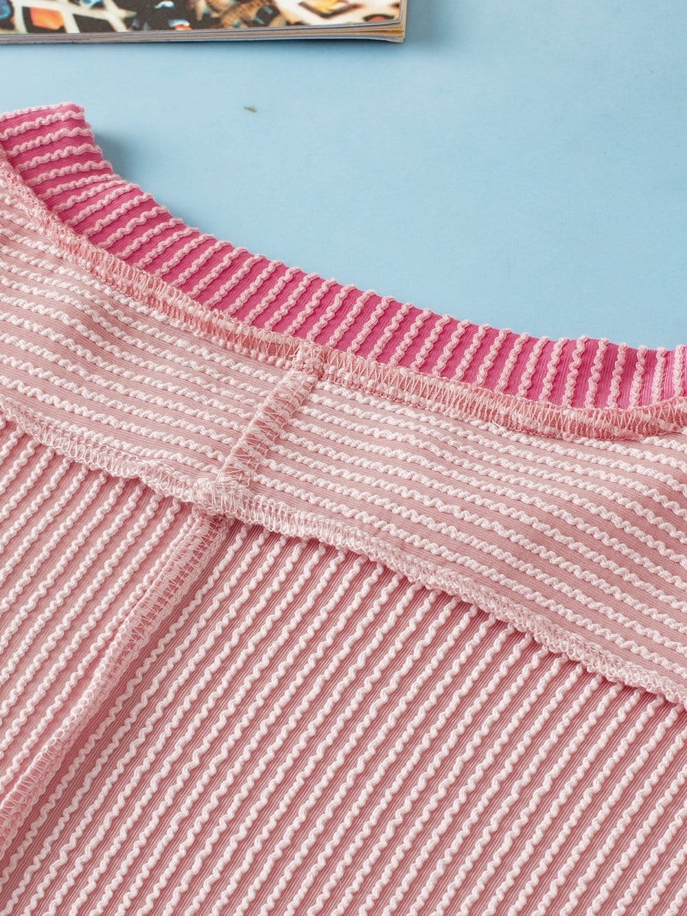 Light Pink Textured Trim Ribbed T-Shirt with Round Neck