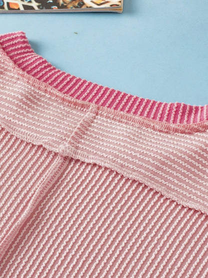 Light Pink Textured Trim Ribbed T-Shirt with Round Neck