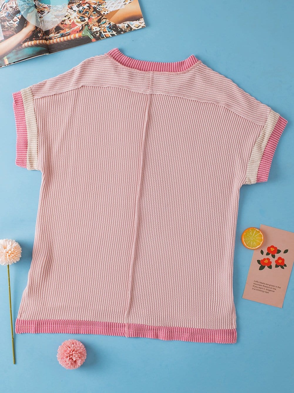 Light Pink Textured Trim Ribbed T-Shirt with Round Neck