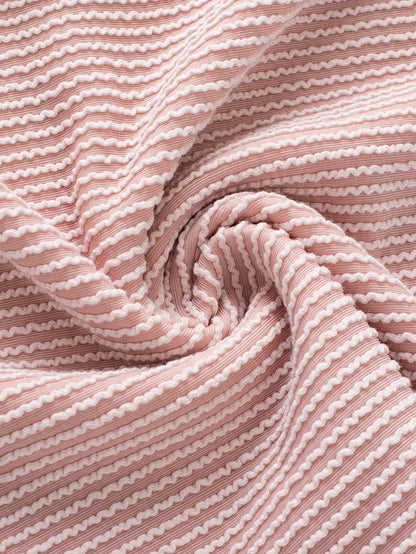 Light Pink Textured Trim Ribbed T-Shirt with Round Neck