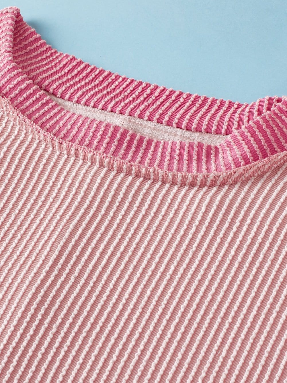 Light Pink Textured Trim Ribbed T-Shirt with Round Neck