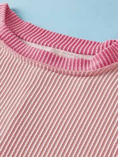 Light Pink Textured Trim Ribbed T-Shirt with Round Neck