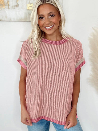 Light Pink Textured Trim Ribbed T-Shirt with Round Neck