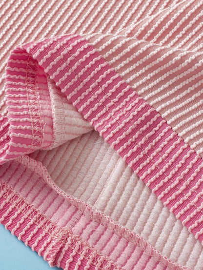 Light Pink Textured Trim Ribbed T-Shirt with Round Neck