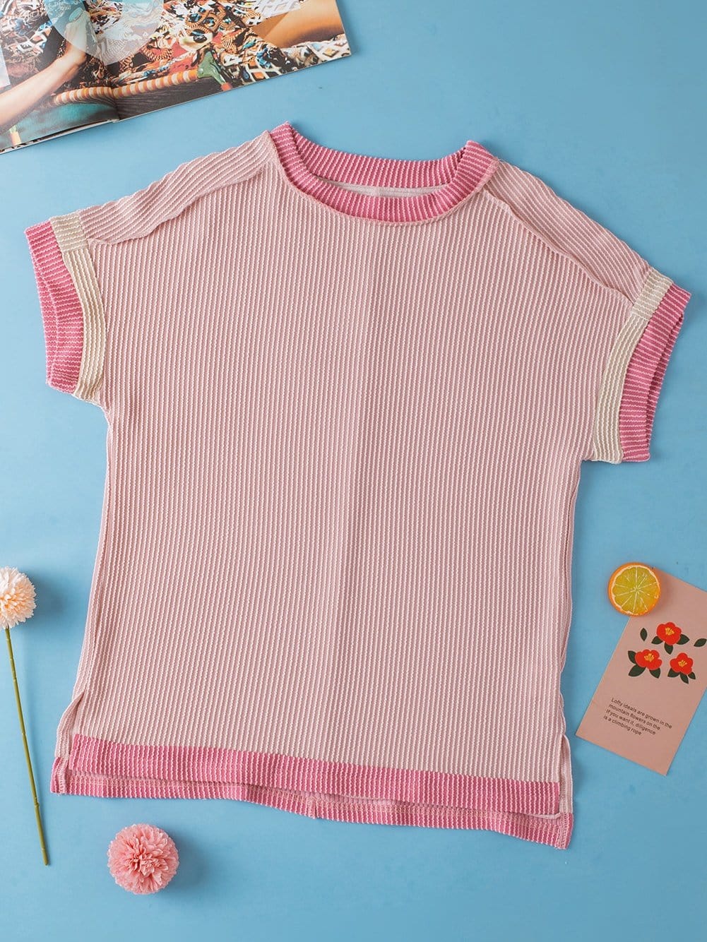 Light Pink Textured Trim Ribbed T-Shirt with Round Neck