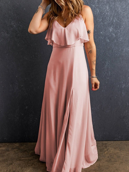 Light Pink V-Neck Ruffled Spaghetti Strap Maxi Dress with Split Hem
