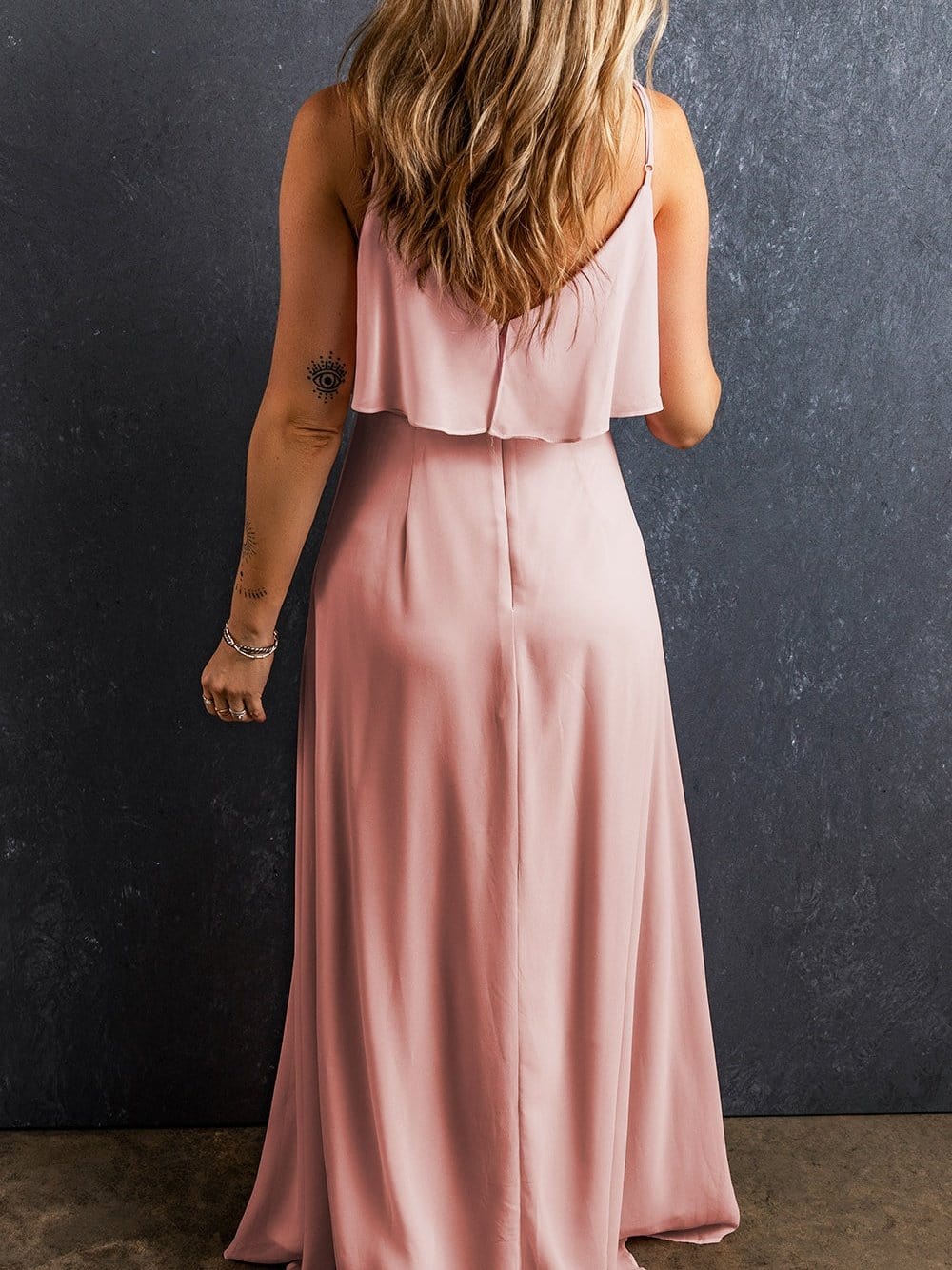 Light Pink V-Neck Ruffled Spaghetti Strap Maxi Dress with Split Hem