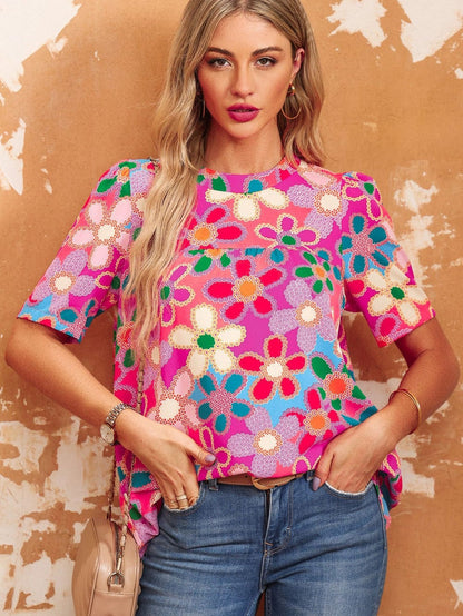 Lilac Floral Boho Print Puff Sleeve Blouse