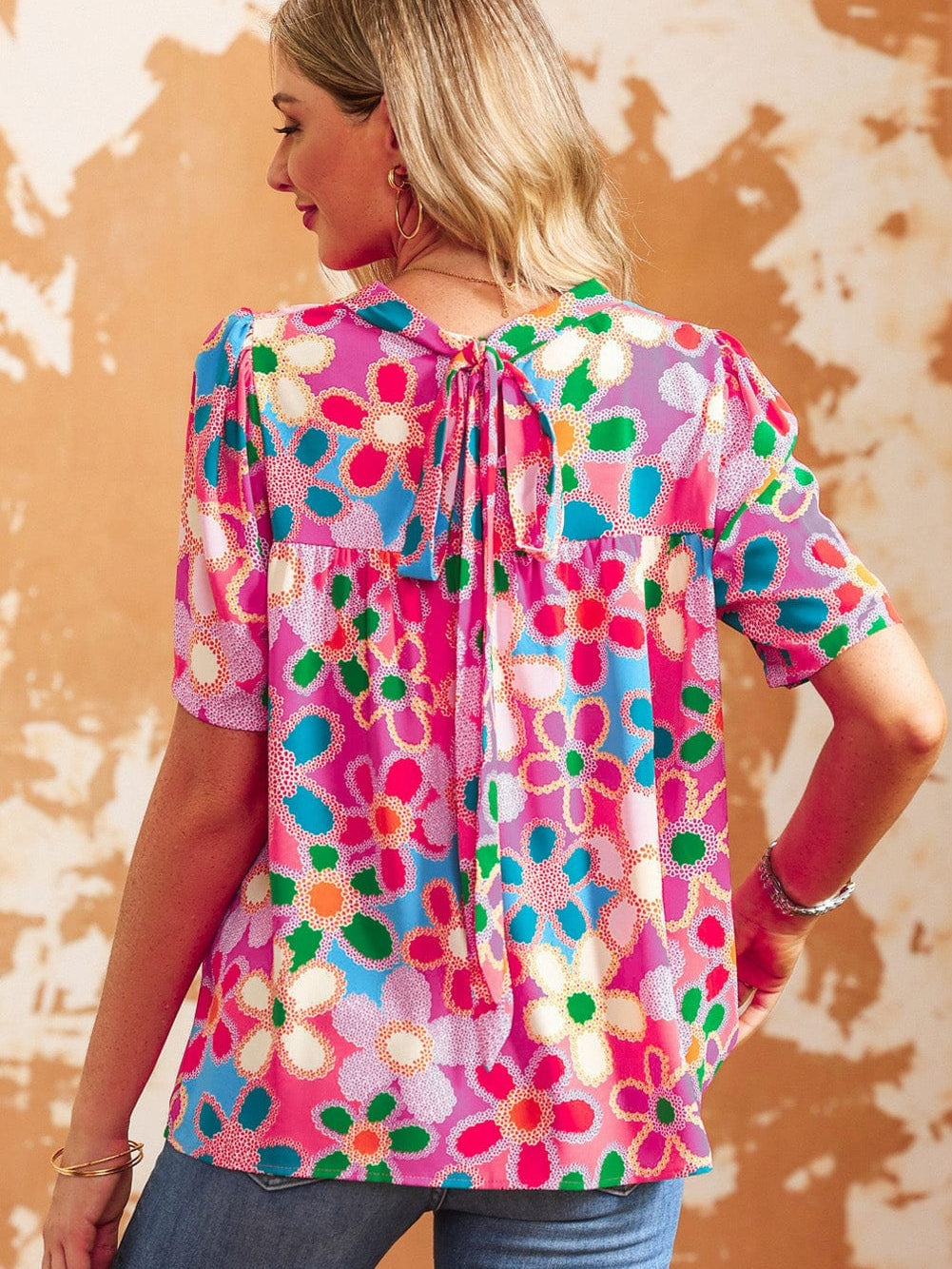 Lilac Floral Boho Print Puff Sleeve Blouse