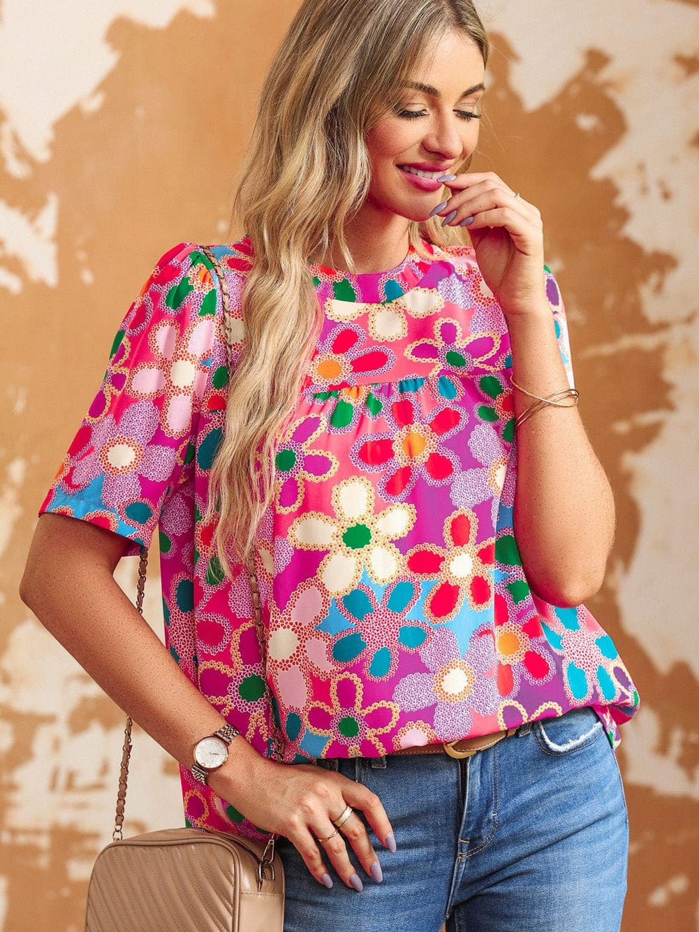 Lilac Floral Boho Print Puff Sleeve Blouse