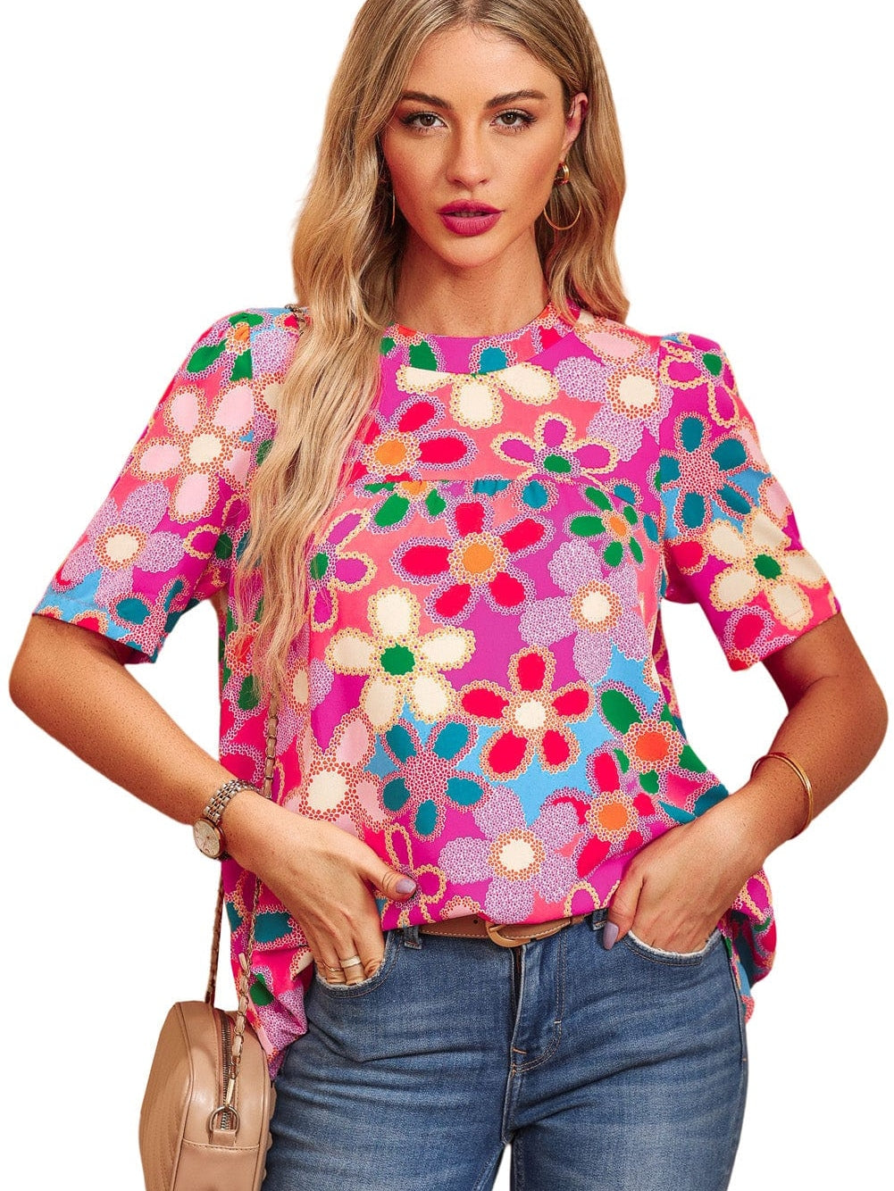 Lilac Floral Boho Print Puff Sleeve Blouse