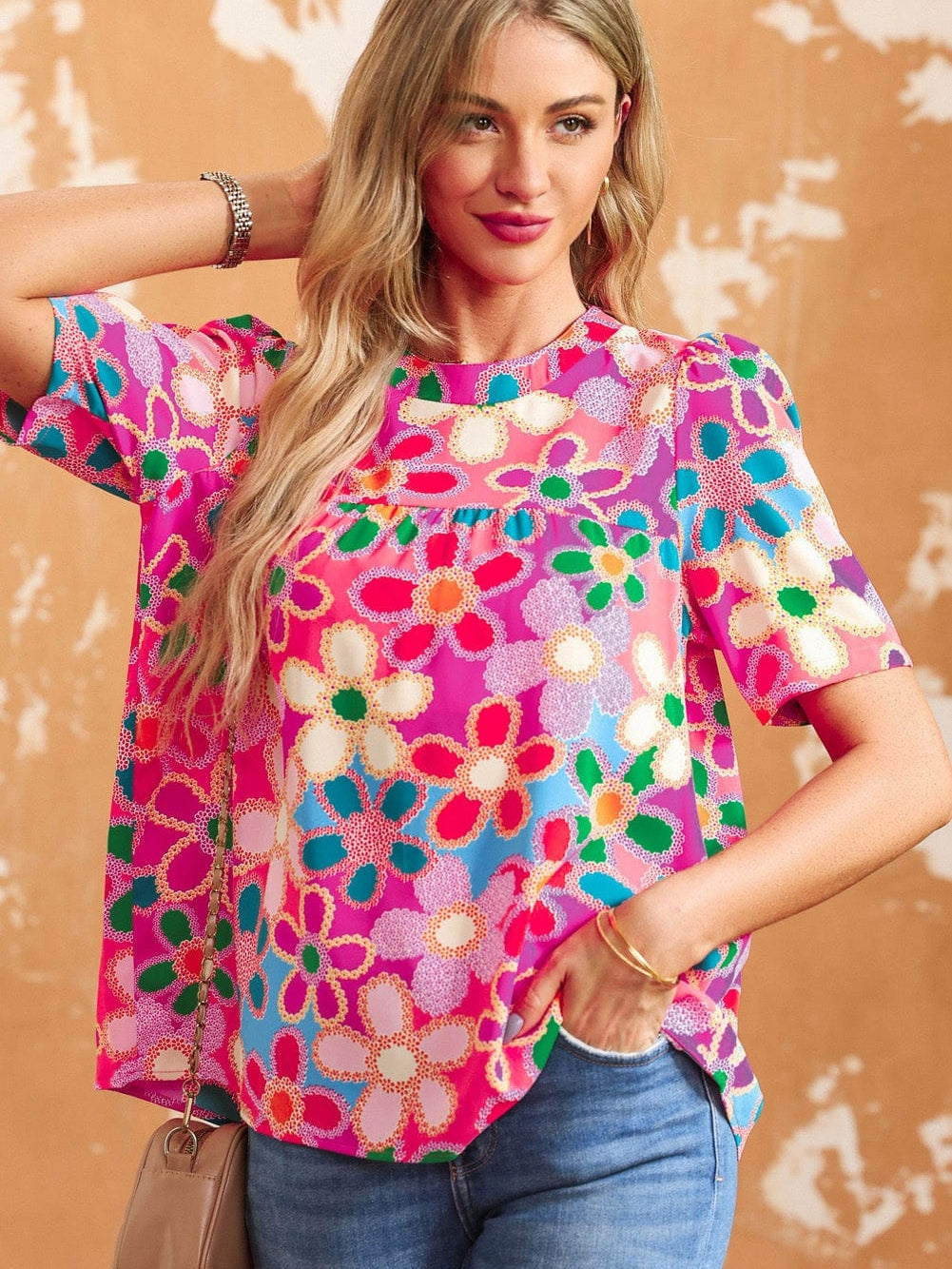 Lilac Floral Boho Print Puff Sleeve Blouse