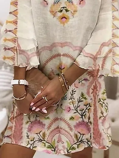 Women's Dress - Casual Dress Mini Dress Beige 3/4 Length Sleeve Floral Ruched Summer Spring V Neck Casual 2023 S M L XL XXL 3XL