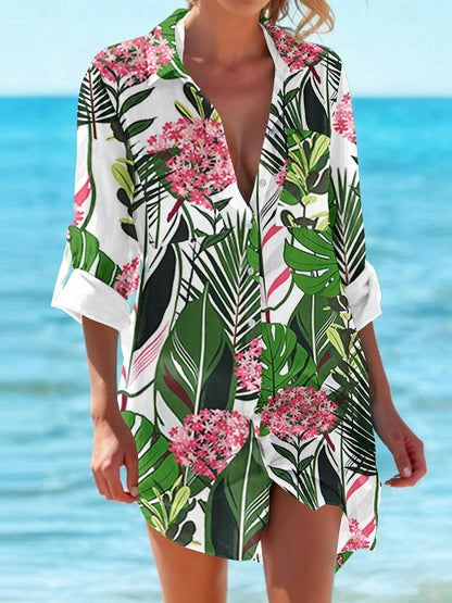 Hawaiian Shirt Women's Shirt Blouse Floral Casual Holiday Beach Button Print Purple Long Sleeve Vacation Hawaiian Beach Shirt Collar Spring &  Fall