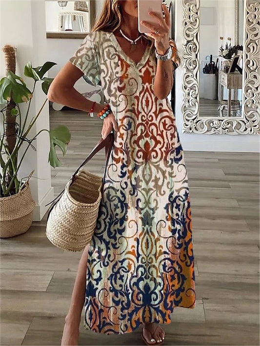 Women's Dress - Casual Dress Shift Dress Long Dress Maxi Dress Khaki Short Sleeve Floral Split Spring Summer V Neck Vacation 2023 S M L XL XXL 3XL