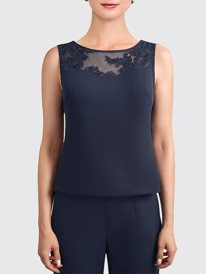 Jumpsuit / Pantsuit 3 Piece Mother of the Bride Dress Formal Plus Size Elegant Jewel Neck Floor Length Chiffon Lace Sleeveless with Appliques 2023 - LuckyFash™