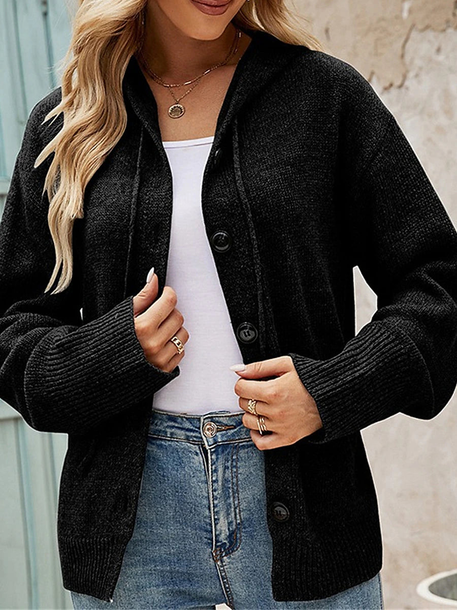 Women's Cardigan Sweater Hooded Ribbed Knit Alpaca Wool Button Fall Winter Regular Outdoor Daily Going out Stylish Casual Soft Long Sleeve Solid Color Black White Gray S M L