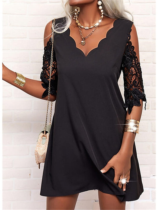 Women's Dress - Casual Dress Lace Dress Black Dress Mini Dress Black White Navy Blue Half Sleeve Pure Color Lace Summer Spring Scalloped Neck Stylish Vacation 2023 S M L XL XXL 3XL 4XL 5XL