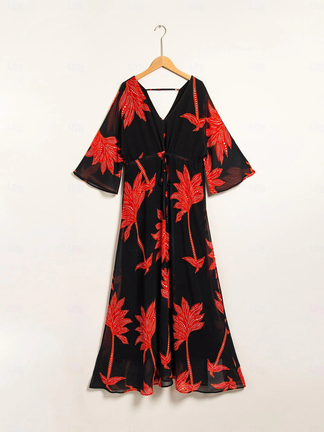 Chiffon Leaf Flower Print V Neck Maxi Dress