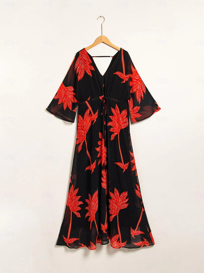 Chiffon Leaf Flower Print V Neck Maxi Dress